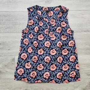 Talbots Floral Shirt Womens 4 Orange Navy Sleeveless Cotton Casual Business